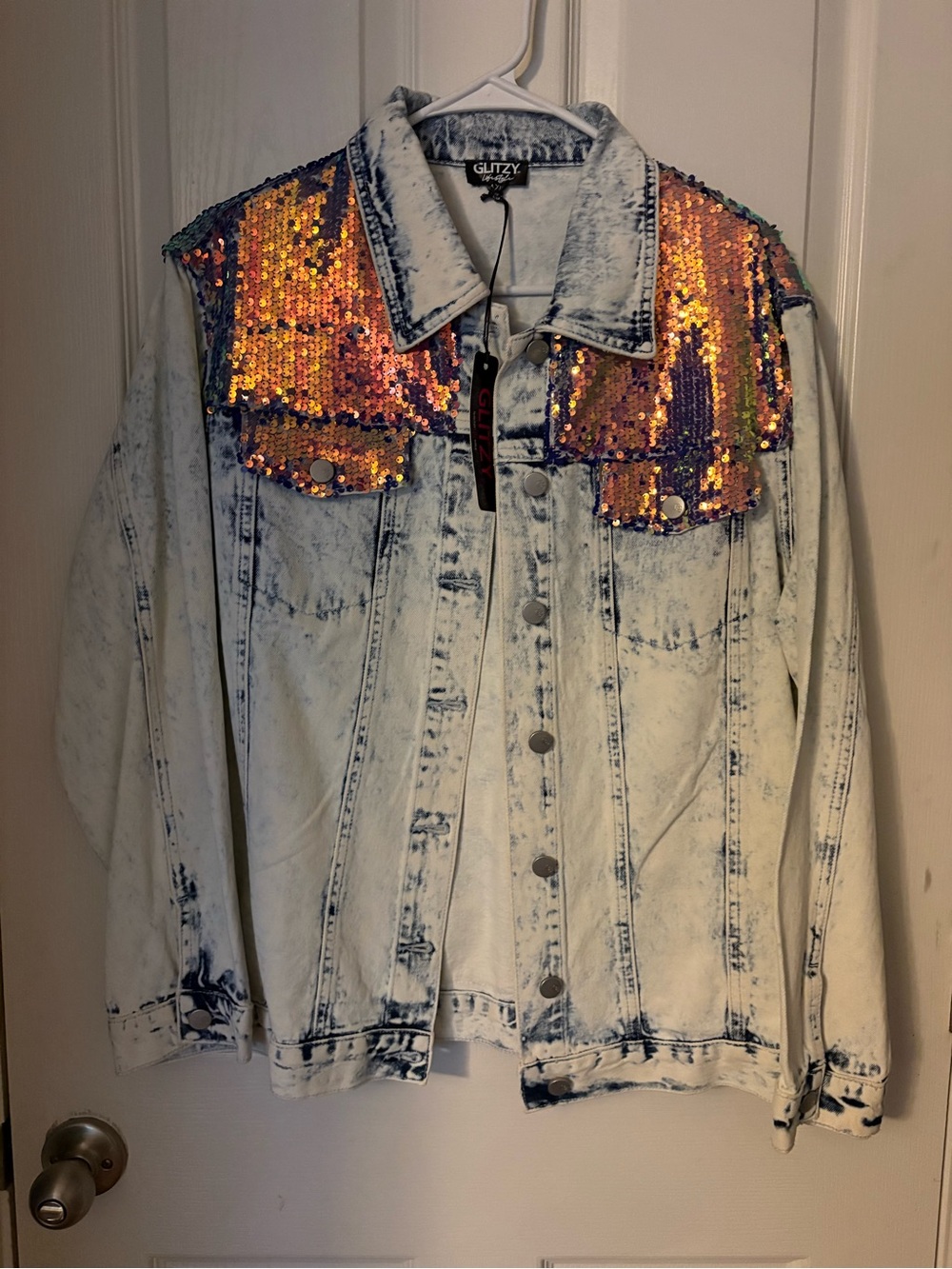 Glitz White Acid-Wash Denim Jacket with Orange Purple Sequin Yoke